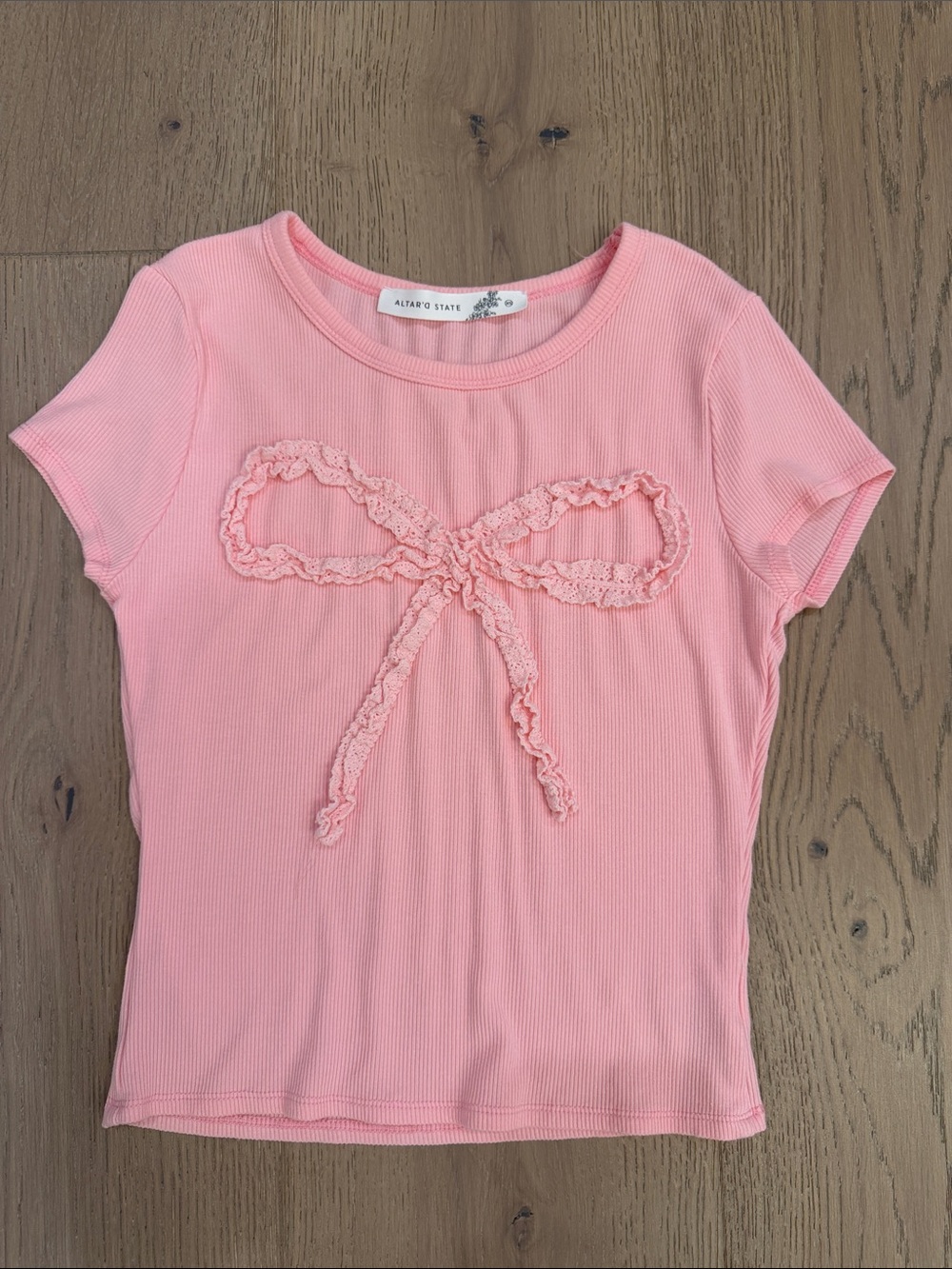 Altar'd State Pink Ribbed Tee with Lace Bow